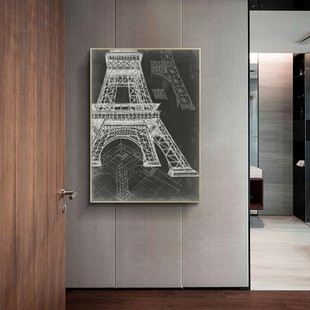 黑白线条欧式建筑k装饰画埃菲尔铁塔比萨斜塔悬索桥法式意大利挂