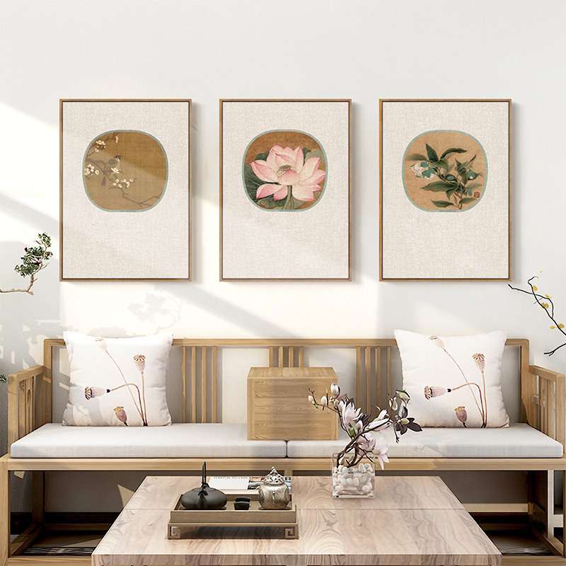 新中式客厅日式餐厅装饰画禅意水彩花卉挂画书房壁画中国古风现代图片