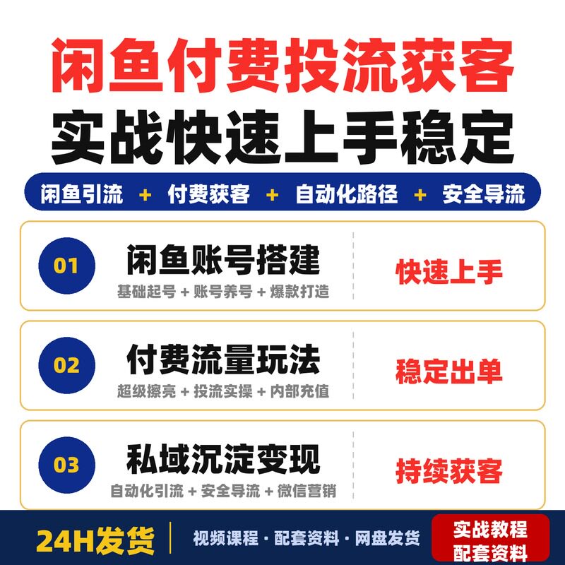 闲鱼付费投流获客实战课程全套教程适合新手和从业者快速上手稳定
