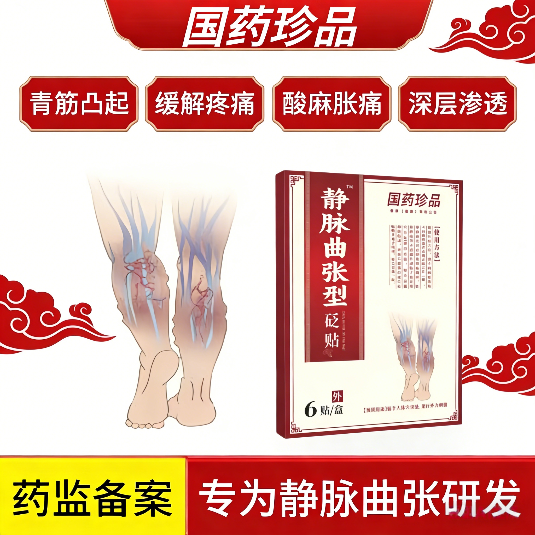 国药珍品静脉曲张片脉管炎蚯蚓腿贴下肢青筋凸起酸麻血管肿胀