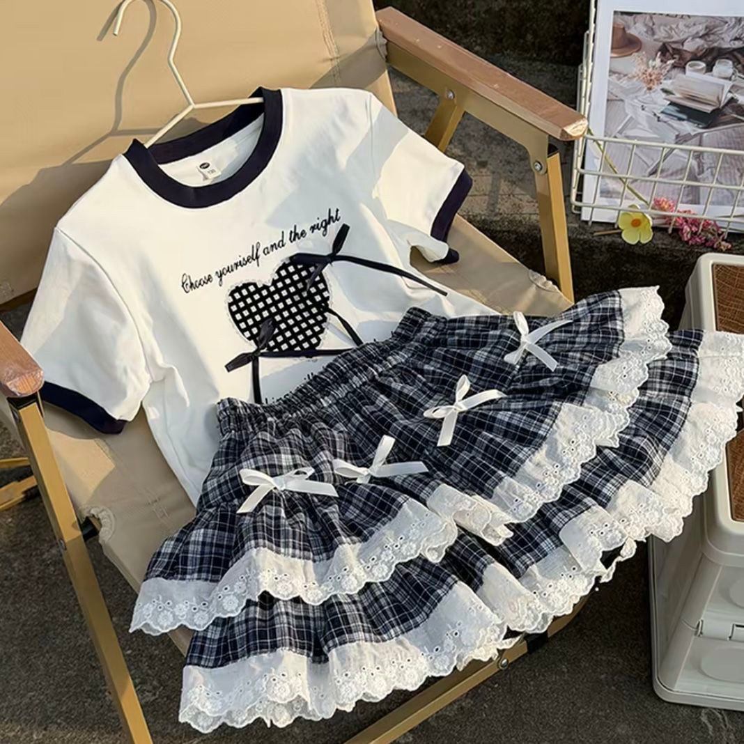 女童短袖韩版千金风套装夏季新款洋气爱心蝴蝶结黑白格子裙两件套