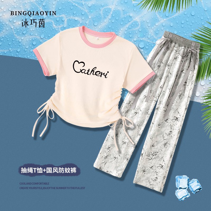 女童夏装套装中大童学生洋气夏季短袖时尚休闲高腰国风晚杏裤套装