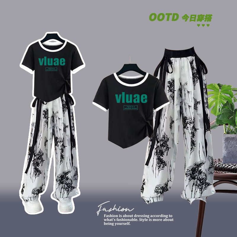 中大童女孩洋气不规则短袖百搭新中式休闲国风水墨裤女童夏季套装