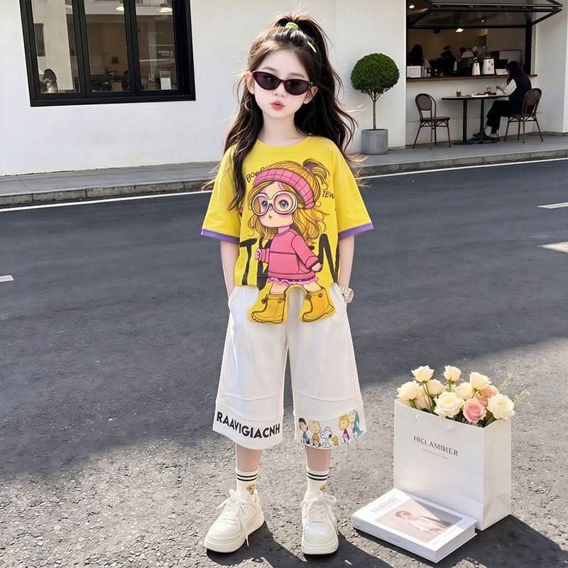 女童夏款卡通T恤五分裤套装