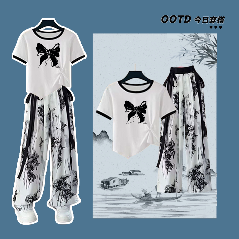 中大童女学生国风裤冰丝时尚短袖T恤女洋气新款潮流女童夏季套装