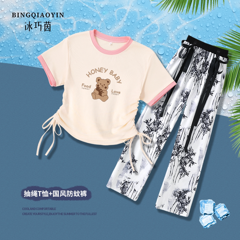 女童冰丝时尚短袖女洋气大童新款潮流国风休闲竹叶裤女童夏季套装
