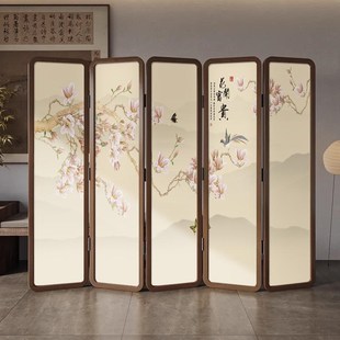 新款宋代美学实木折屏屏风家用办公室客厅茶室遮挡乔其纱