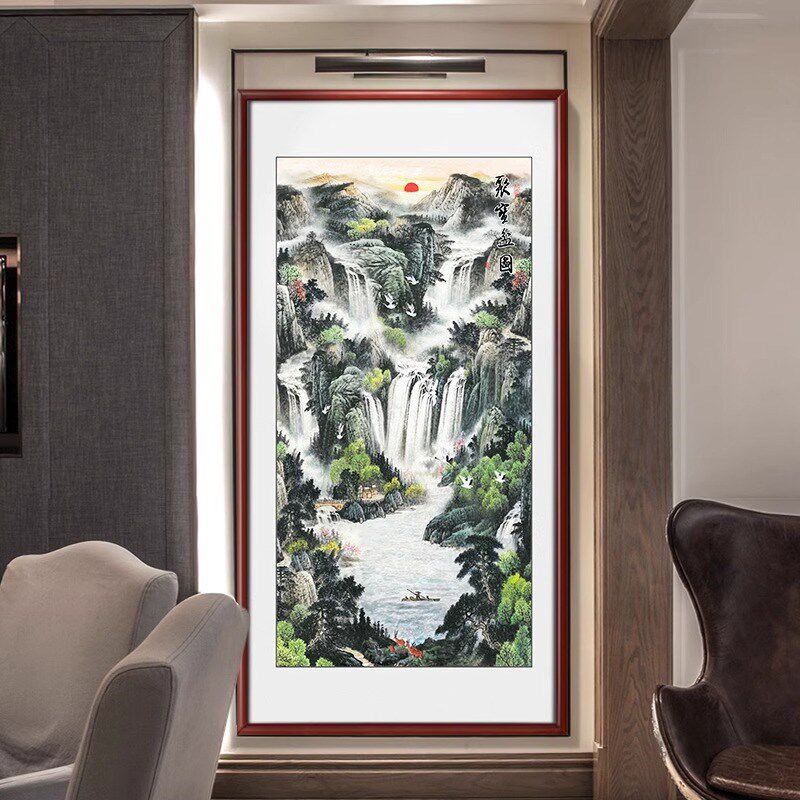 聚宝盆山水画挂画进门玄关画竖八方来财装饰走廊过道壁画办公室