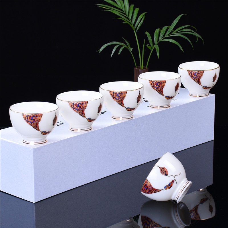 茶杯功夫茶具羊脂白玉瓷普洱手绘茶盏品茗杯装只