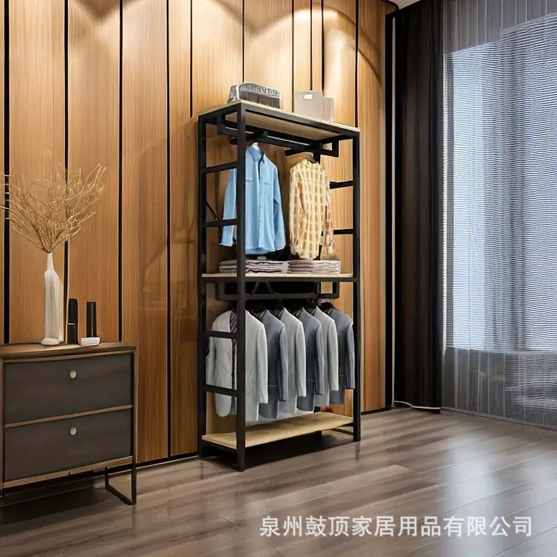 跨境落地立式衣柜带搁板服装展示架金属重型铁艺室内挂衣架多功能