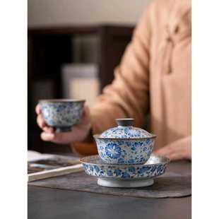 仿古青花大号泡茶碗防烫单个家用高档茶具 汝窑缠枝莲三才盖碗