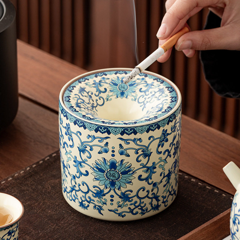 汝窑青花烟灰缸带盖防灰家用客厅商用茶渣缸水盂杯洗陶瓷高档建水