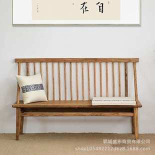 老榆木靠背长条椅简易家具中式联排座椅户外椅田园实木沙发椅休闲