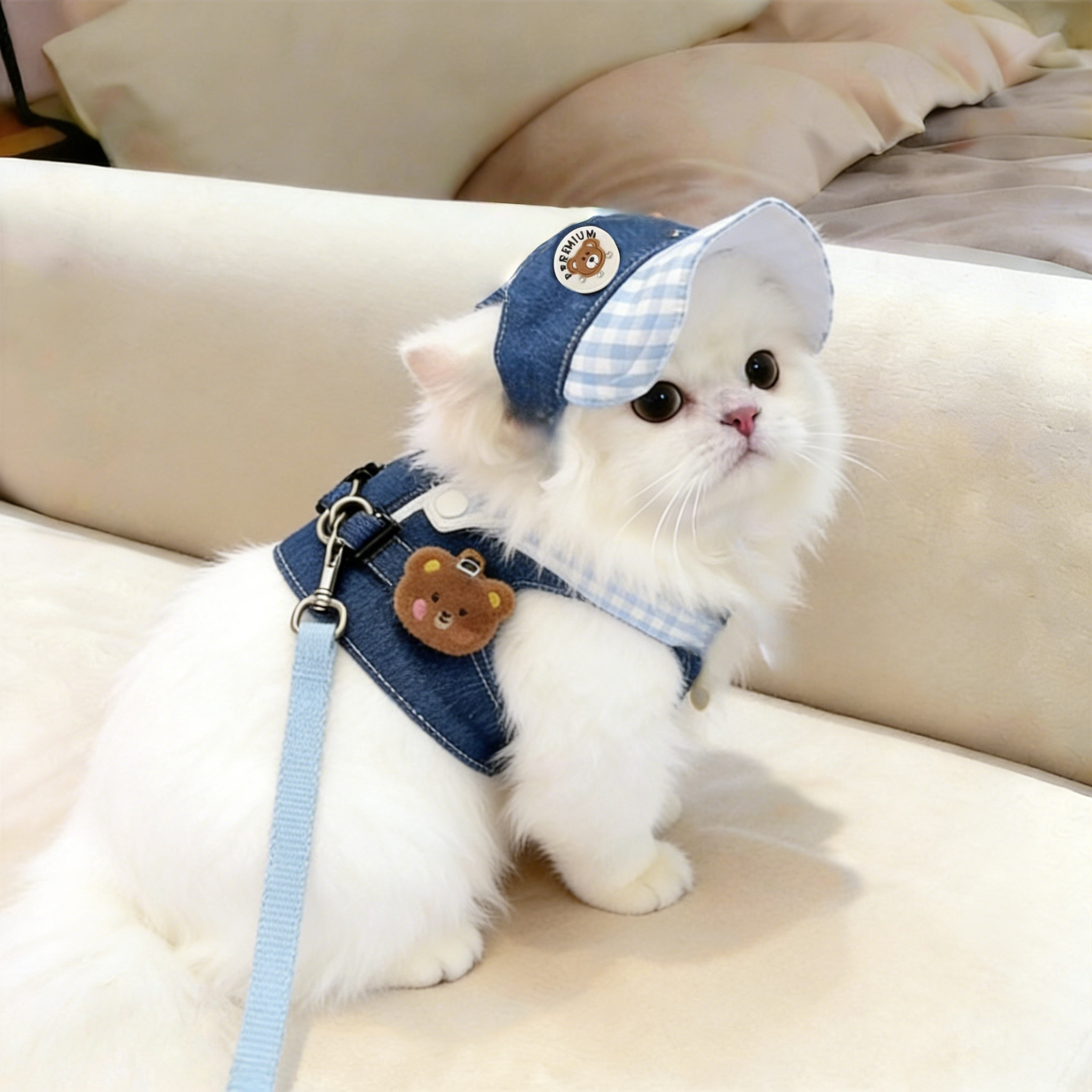 猫咪衣服牛仔小熊可牵引套装布偶英短橘猫小型犬狗狗衣服胸背绳夏