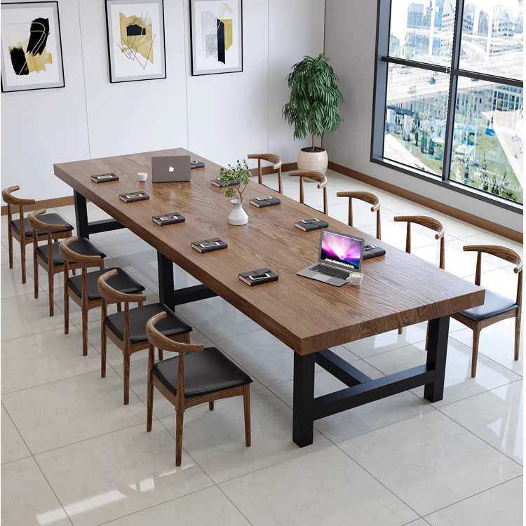 现代简约实木会议桌商用培训桌椅组合铁艺实木办公桌长条桌
