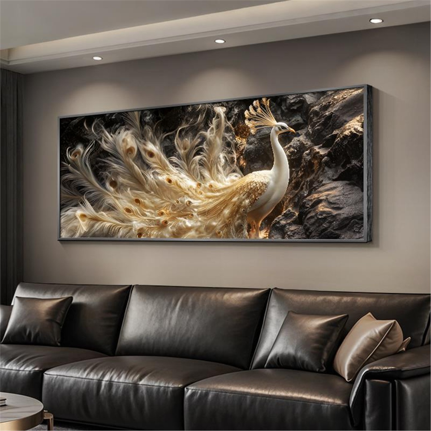 轻奢寓意好孔雀客厅大白墙装饰壁画浮雕肌理感沙发背景墙挂画大气图片
