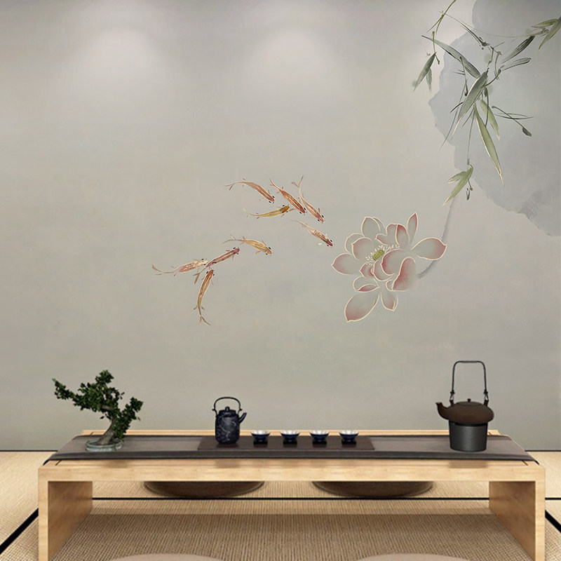 新中式墙布简约壁布客厅卧室床头电视背景墙壁纸沙发荷花定制墙纸