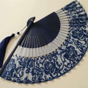 2021人气精品夏季 女扇日用扇双截扇面折叠携带小扇子6寸折扇青花