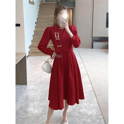 高货速发新中式旗袍敬酒服新娘红色两件套秋冬长袖回门连衣裙套装