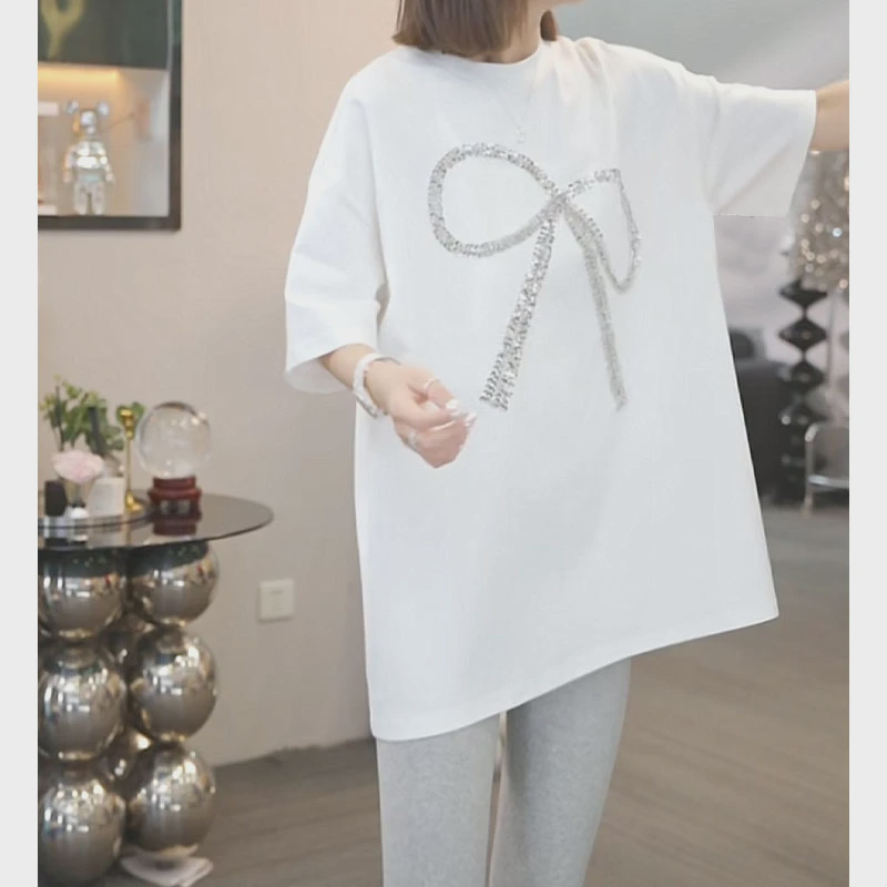 推荐大码女装重工亮片蝴蝶结中长款半袖圆领T恤2025夏季新款显瘦