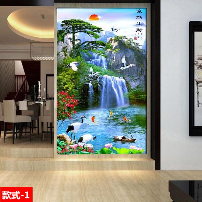 流水生财8d玄关壁纸走廊过道进门墙纸松鹤迎客松山水风景壁画墙布