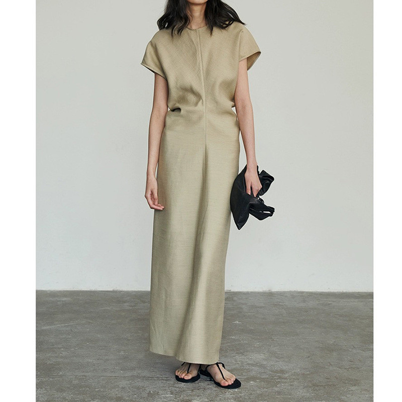 低饱和色连衣裙纯色纯欲感春夏新款女装短袖女裙修身气质长裙子