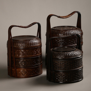 手工竹编提篮复古食盒带盖多层送餐D篮户外手提盒野餐篮红色婚庆