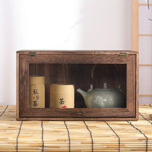 透明鞋盒a收纳盒多层实木玻璃储物柜防尘茶叶柜茶杯茶壶置物摆件