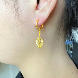 正品黄金耳环9999足金耳饰女款纯金耳坠真金首饰树叶子流苏送妈妈