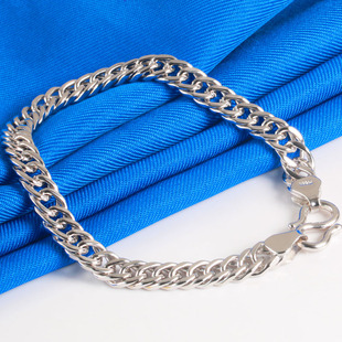 S925银手链男款Pt950白金手镯老板链马鞭车轮链纯银送老公加长款
