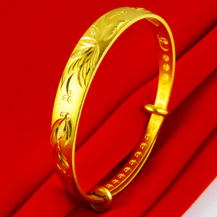 复古黄金手镯女款仿真金镯子镀金结婚首饰24K金色花开富贵送妈妈