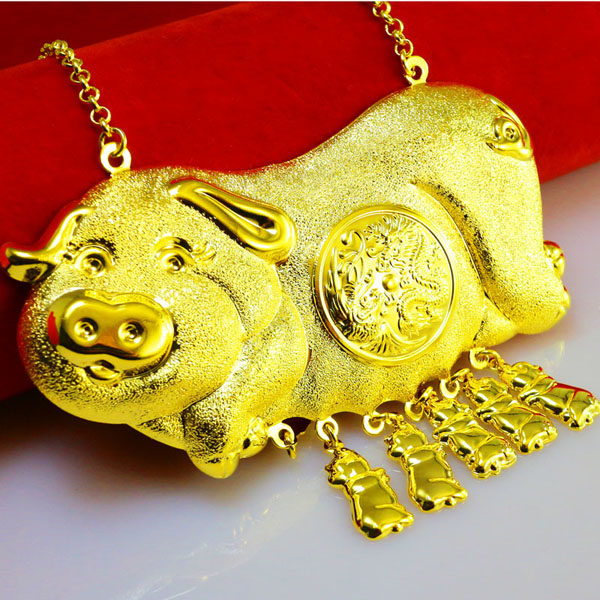 仿真黄金项链女款迎亲敲门金猪牌沙面大吊坠9999足金新娘结婚首饰