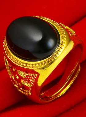戒指男款女士墨翠黑玛瑙纯金首饰