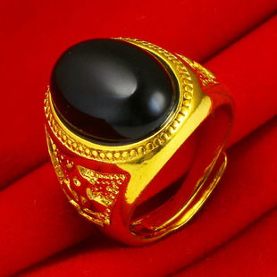 仿真黄金戒指999仿真男款女士墨翠戒子金镶玉黑玛瑙24K金首饰