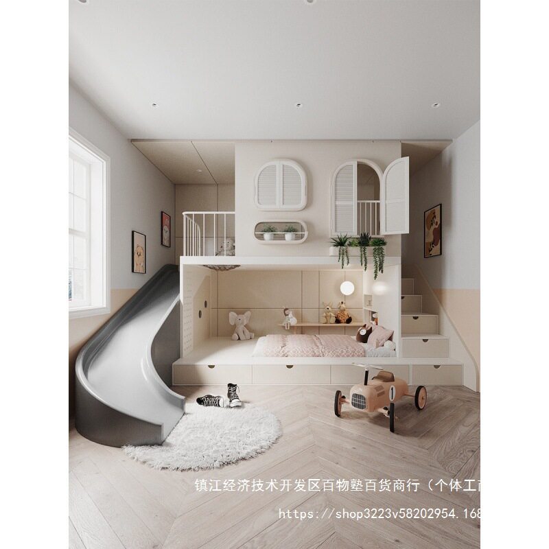 全实木儿童房滑梯双层床高护栏