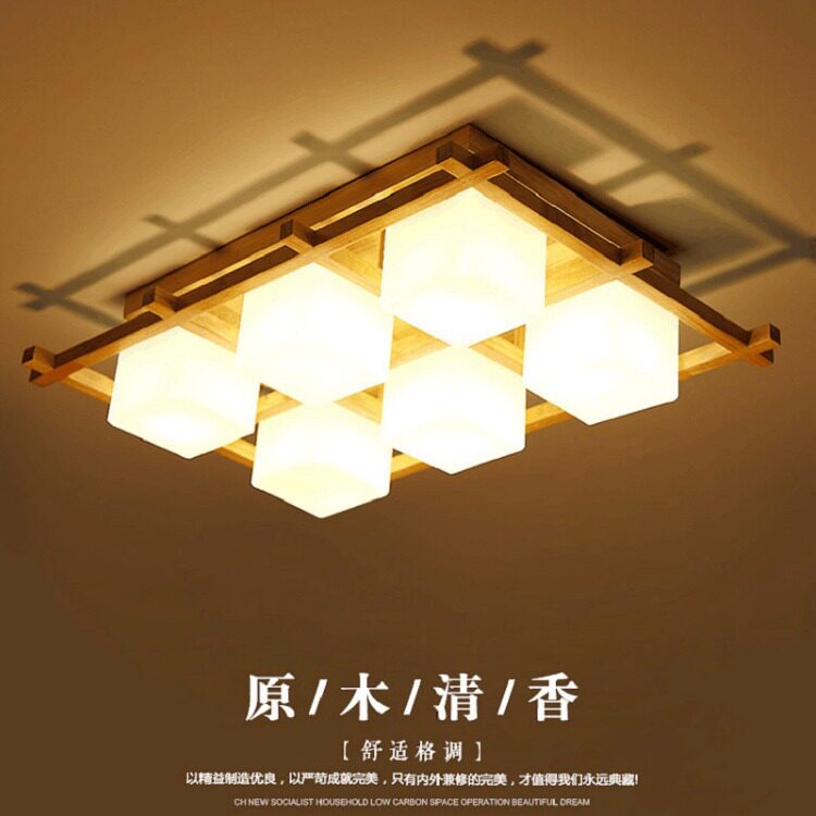 美式乡村木艺客厅吸顶灯 北欧风格个性卧室正方形实木led吸顶灯具