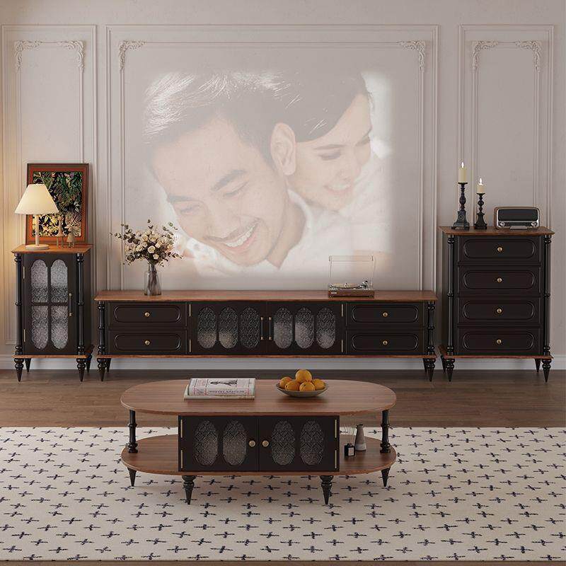 法式中古风实木电视柜美式客厅茶几小户型组合家用落地收纳储物柜