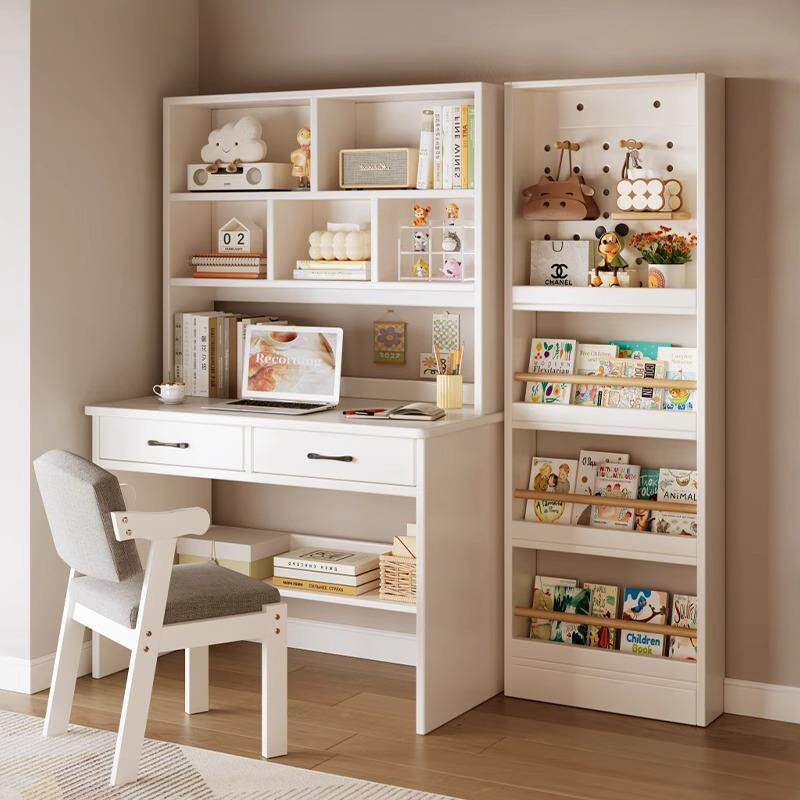 实木书桌书架一体卧室中小学生学习桌写字台奶油白色小尺寸电脑桌
