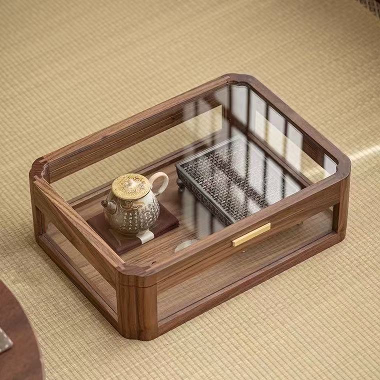 北美黑胡桃木桌面茶几收纳盒复古透明茶具收纳柜实木置物架展示盒