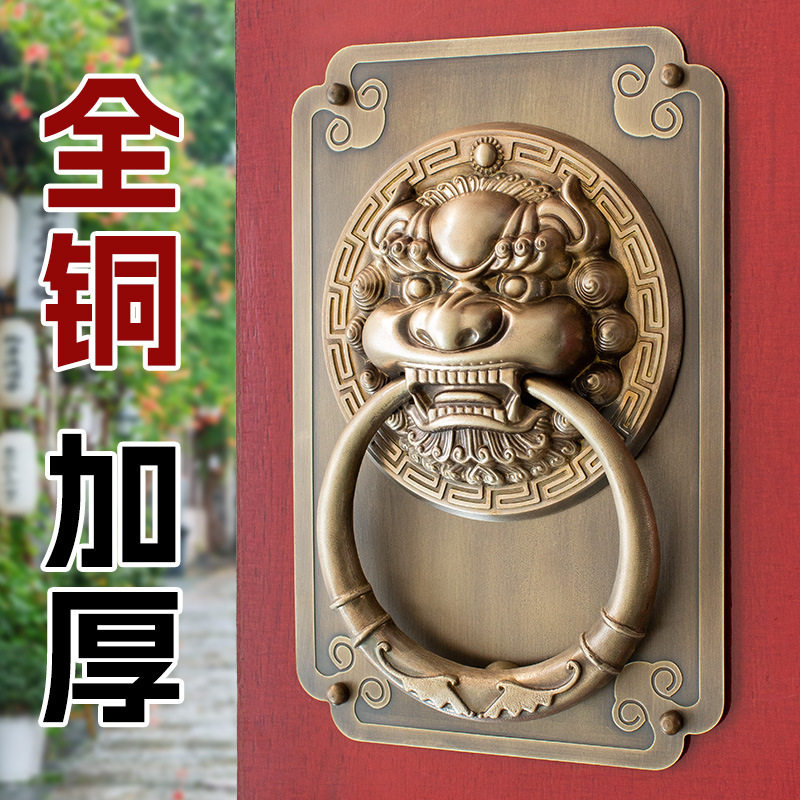 中式仿古纯黄兽头门环狮子虎头拉手麒麟大门把手粘贴免打孔拉环