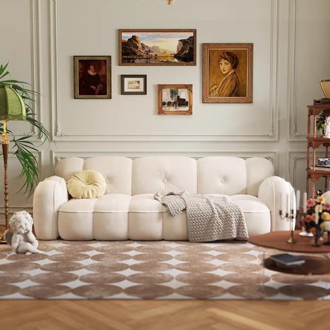 北欧轻奢乳胶小户型客厅简约现代绒布豆腐块拼色法式奶油云朵沙发