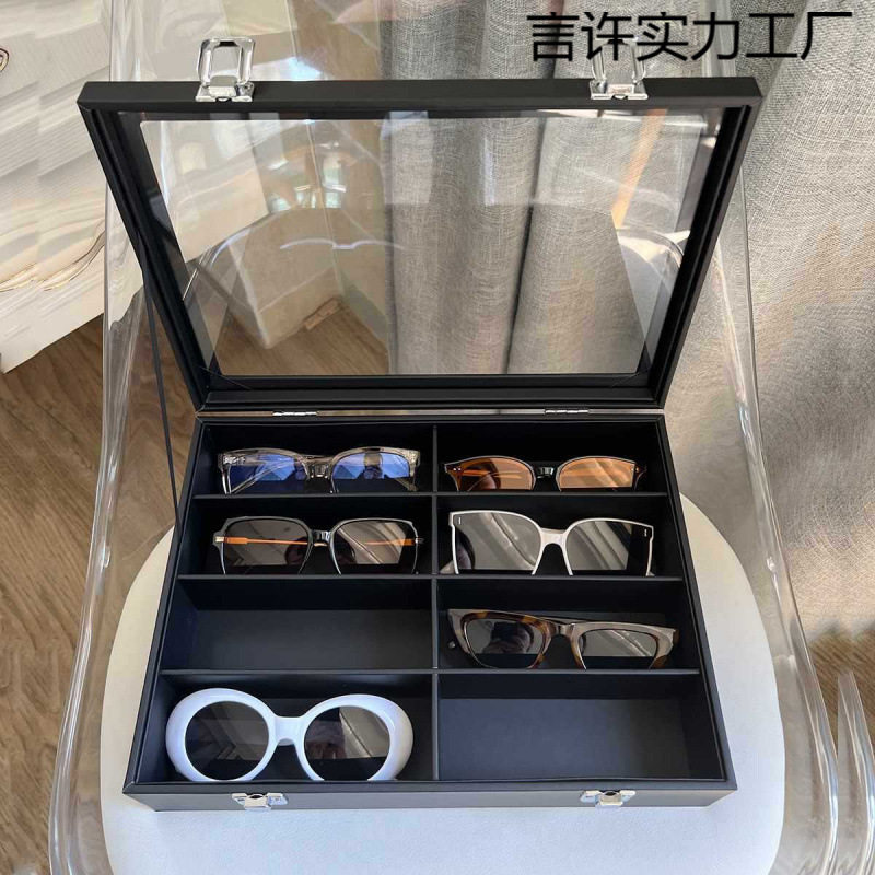 2026玻璃大容量透明盒子展示架墨镜眼镜收纳盒皮质多格盖黑色太阳