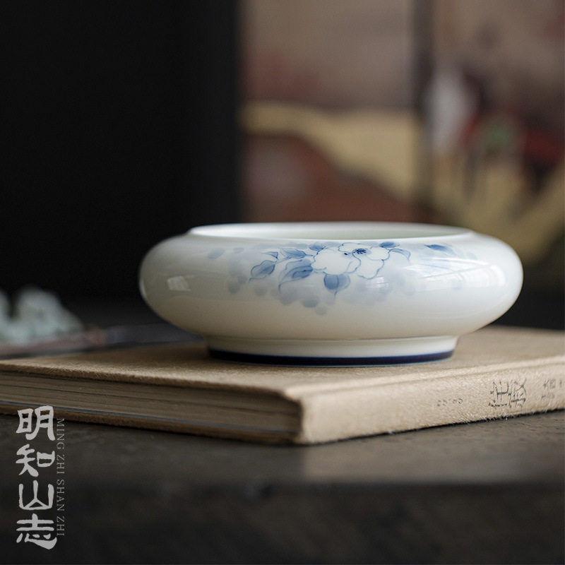 明知山志 玉泥青花海棠怀云建水 茶道配件水盂废水缸干泡茶水收纳
