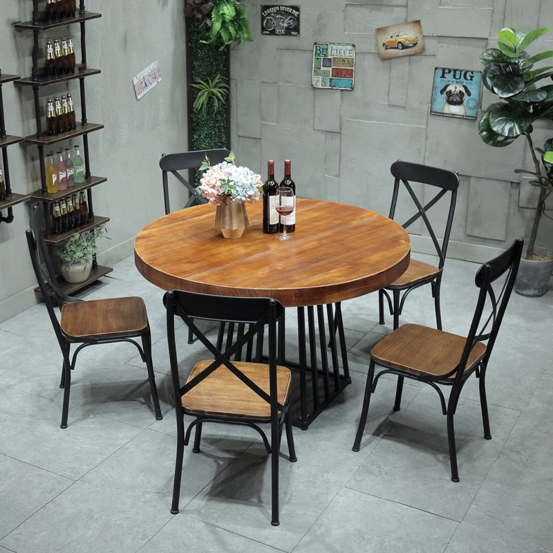 厂家直销 简约家用实木圆形餐桌 复古餐厅铁艺6-10火锅吃饭大圆桌