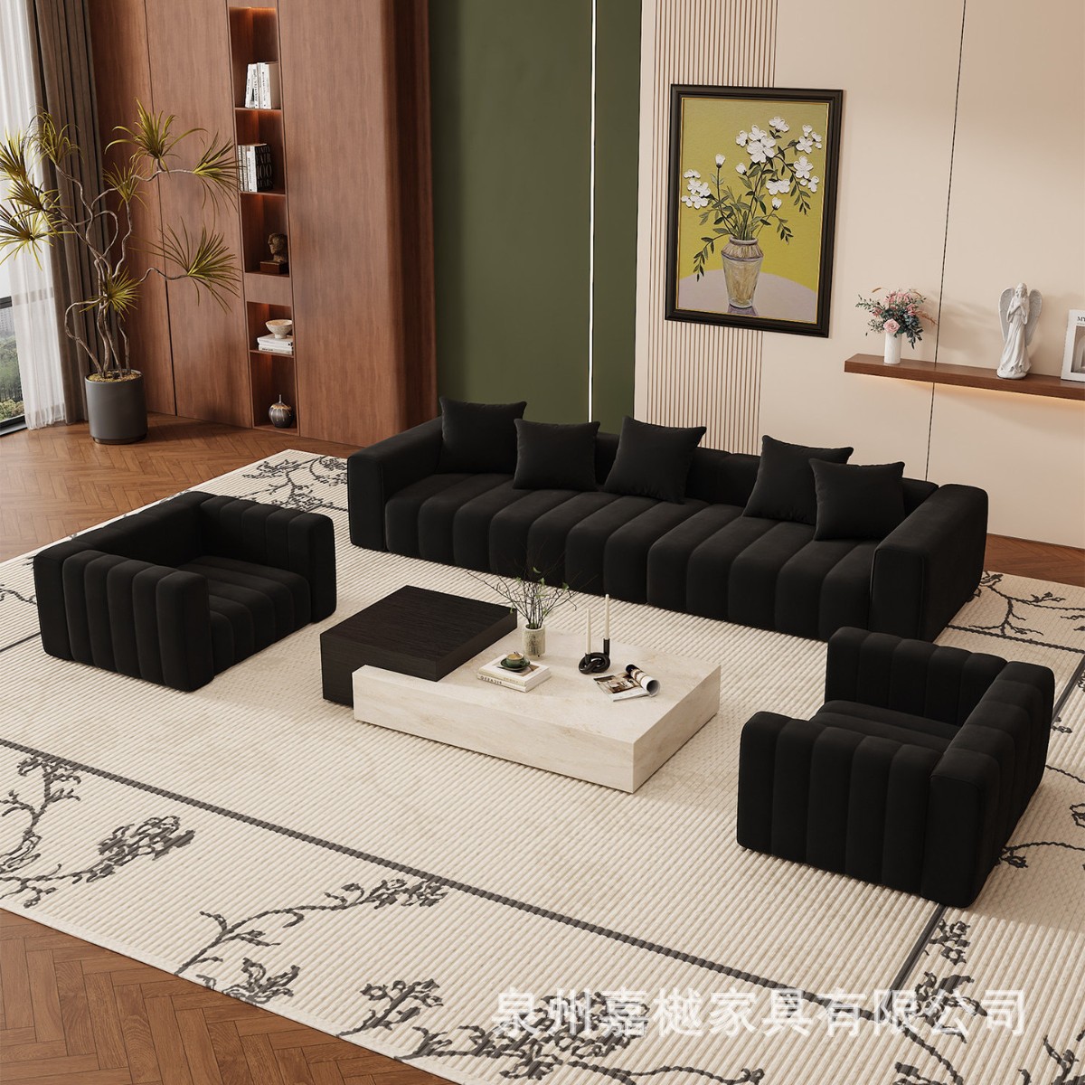 复古钢琴键直排沙发客厅别墅豪华酒店大堂办公室接待沙发茶几组合
