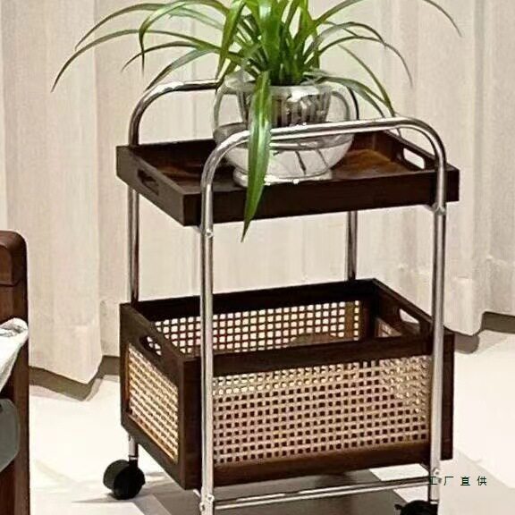 实木可移动边几收纳中古小推车客厅茶几储物架零食置物架藤编复古