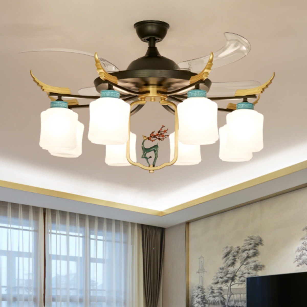新中式圆形餐厅风扇灯吊扇客厅灯中国风古典卧室书房家用餐厅吊灯