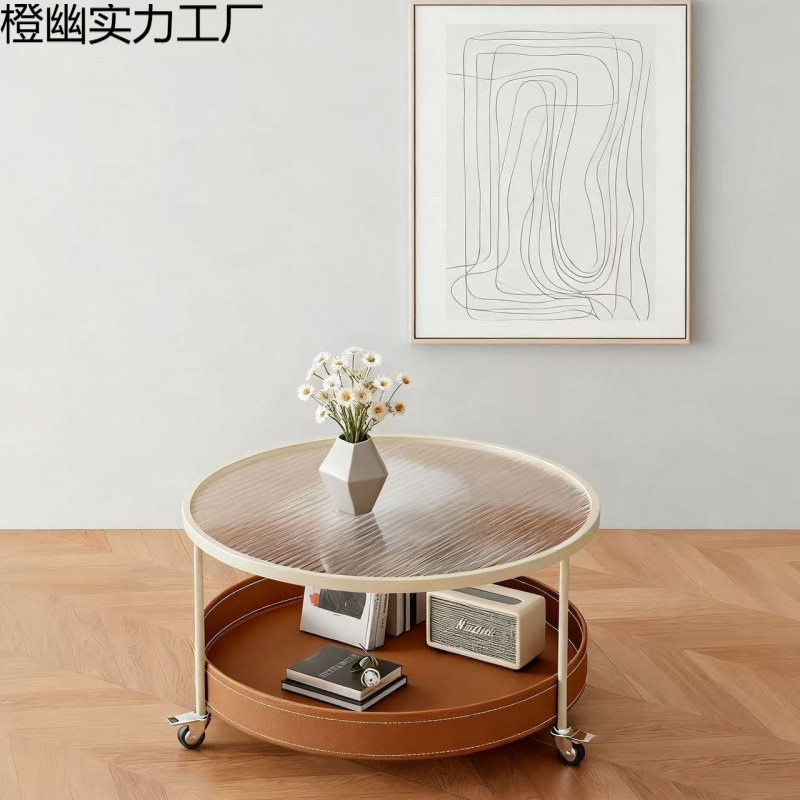奶油风的马鞍皮客厅茶几小户型家用圆形网红带轮可移动小推车茶几