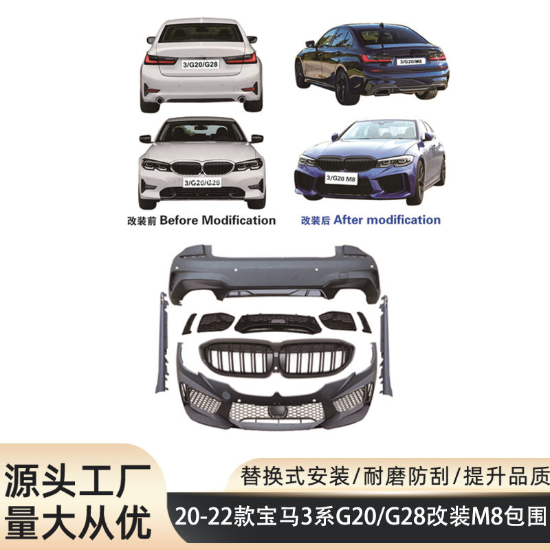 适用20-22款宝马三系G20G28改装M8前杠后杠裙边大包围改装套件