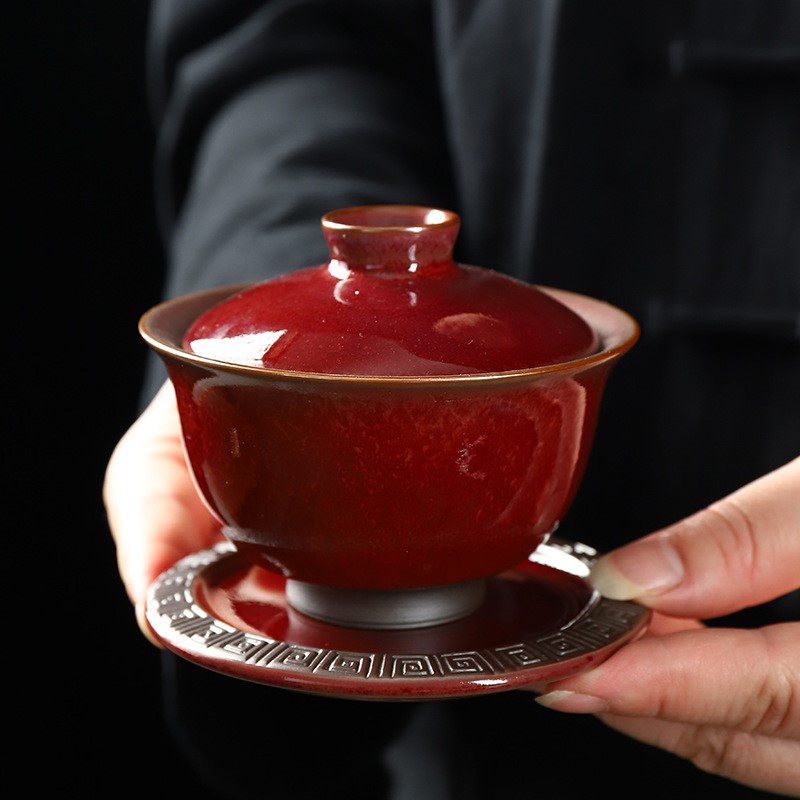 冰花三才盖碗单个高档茶碗带盖陶瓷手工功夫泡茶茶具复古中式茶盏